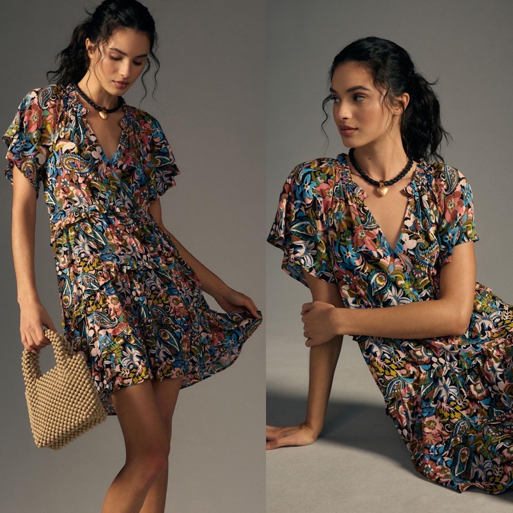 Anthropologie Robin Tiered Floral Boho Summer Vacation Mini Dress New Size S